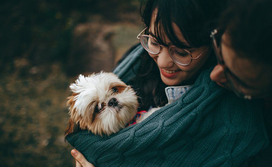 woman cuddling a puppy